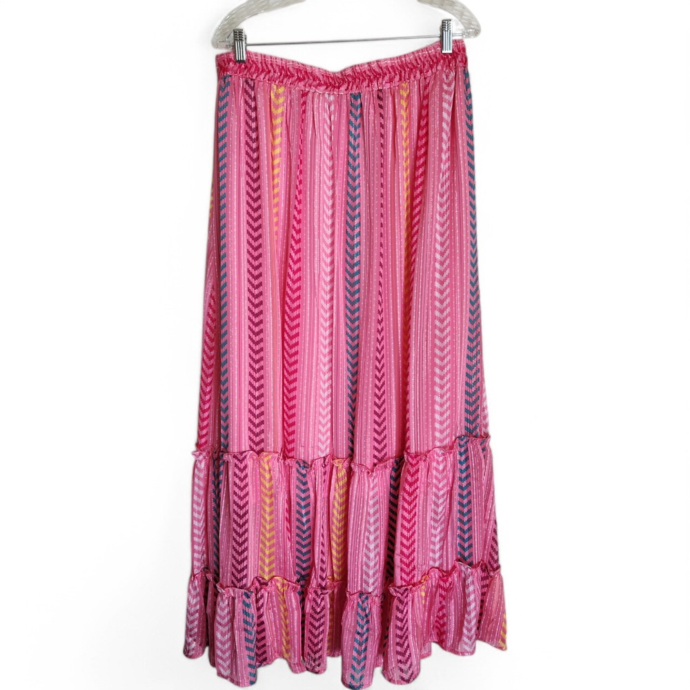 Satin Tiered Maxi Skirt Women's Large Boho Gypsy Tassel Pink Drawstring Pull on - Picture 3 of 13